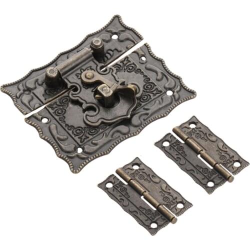 2pcs 36*23mm Furniture Decorative Cabinet Hinge Hardware +1pc 67*56mm Antique Bronze Jewelry Wooden Box Latch Hasp Clasp