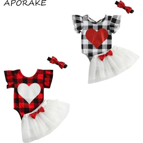 2021 0-24M Infant Baby Girls Clothing Fresh Hearts Plaid Print Ruffle Short Sleeve Romper+Sequin Bow Gauze Skirt+Headband 3pcs