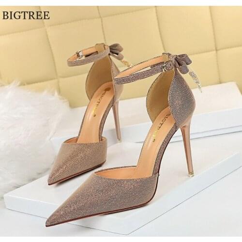 Women Pointy Toe Back Bowtie Elegant Sandals Summer Sequined Cloth Shallow Hollow Buckle Stiletto Heels Shoes Ladies Dress Party