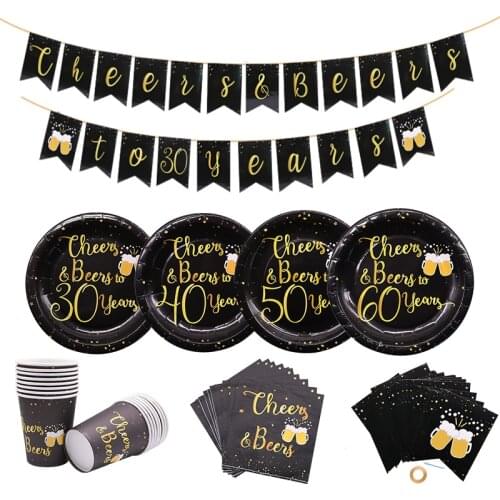30 40 50 60 Party Supplies Disposable Tableware Birthday Party Decoration Adult Plate Cups Napkins Bunting Banner DIY Dinner Set