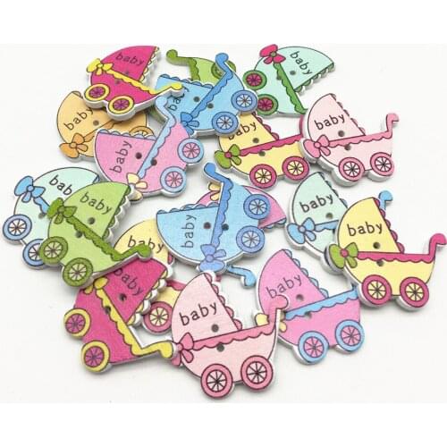 50pcs Wood Baby Carriage Shaped Buttons 2 Holes Kids Sewing Accessories Appliques Embellishments Scrapbooking DIY Novelty Crafts