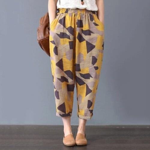New Fashion Women Pants Ladies Casual Print Floral Pockets Pants Female Loose Cotton Linen Female Trouser Plus Size