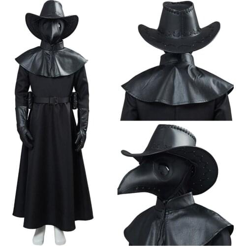 Fast delivery Kids Plague Doctor Cosplay Costume Hat Leather Black Gown Uniform Halloween Carnival Horror Fancy Dress boy gift