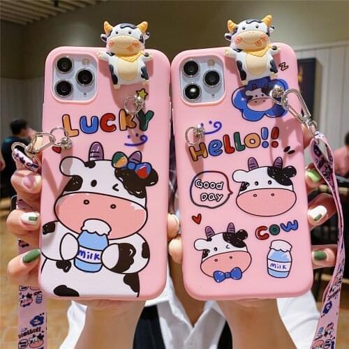 For iPhone 12 11 Pro Xs Max Xs XR 6 7 8Plus SE 2020 Case Milk Cow TPU Case Soft Phone Strap Rope Case