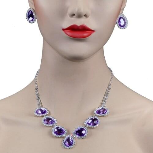 Chran Simple Rhinestone Jewelry Set Silver Plated Costume Crystal Necklace Earrings Set