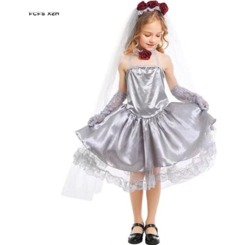 Girls Corpse bride Scary Cosplay Kids Children Halloween Bride Costumes Carnival Purim parade Stage play Masquerade party dress