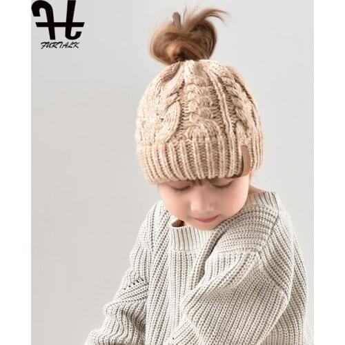 FURTALK Kids Beanie Hat Warm Winter Girls and Boys Caps High Messy Bun Ponytail Knit Hat for Girls 3-8 Years Chapeu Feminino