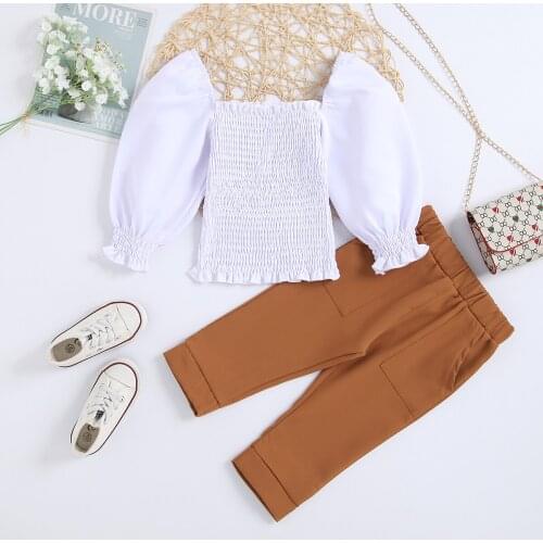 Lioraitiin 1-6Years Toddler Girls 2pcs Sets Off Shoulder Solid Long Puff Sleeve Tops Brown Pocket Pants Outfits