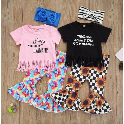 3Pcs Kisds Girls Outfit Short Sleeve Tassels Hem Letter T shirt Tops Floral Printing Flared Trousers Bow Headwear Set