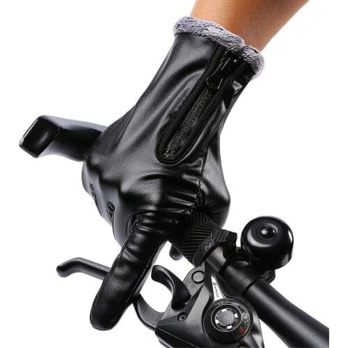 Leather Cycling Gloves Touch Screen Warm Fleece Lined Panel Lambskin Sheepskin Men Cycling