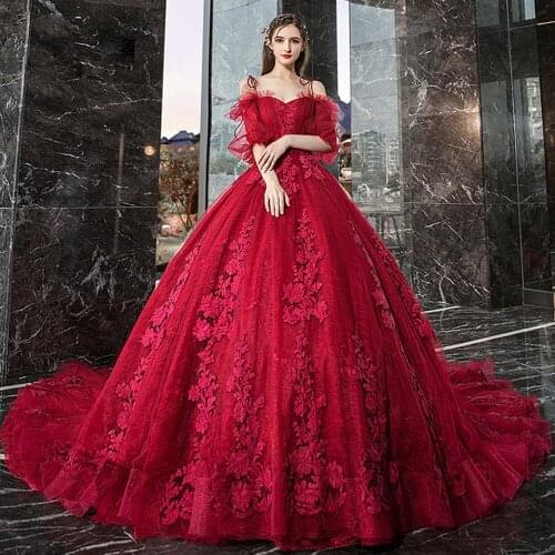 Sweetheart Neck Spaghetti Straps Half Sleeve All Over Appliques Lace Burgundy Ball Gown Wedding Dresses Plus Size Mariage
