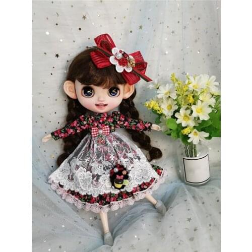 Blythes doll dress is suitable for 1/6 fashion cherry lace dress brooch bow tie and red striped socks in 4 new styles