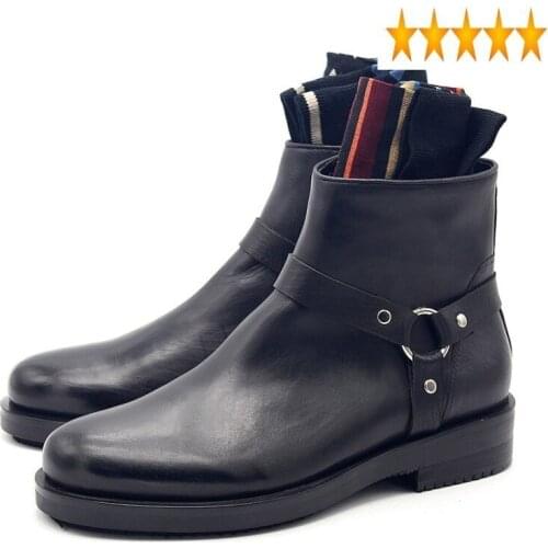 Gothic Men British Black Winter Buckle Motorcycle Biker Ankle Boots Block Heels Top Quality Genuine Leather Work Safety Shoes