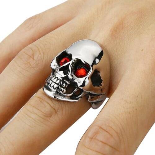 Mens Solid Skull Ring Gothic Punk Biker Rider Red/Blue Eyes Ring Vintage Stainless Steel Skeleton Finger Band Rings Men Jewelry