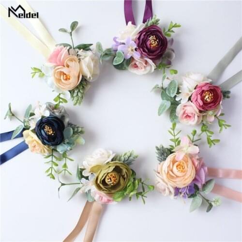 Meldel Men Corsage and Boutonniere Bridal Wrist Corsage Pink Blue Artificial Rose Flower Bridesmaid Bracelet Wedding Accessories