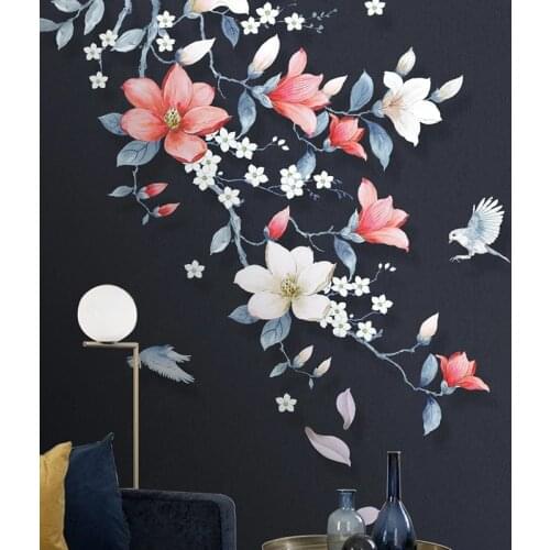New Chinese Style Home Interior Bedroom Decoration Wallpaper Designs Hand-painted Magnolia Flower Magpie Bird Photo Papier Peint