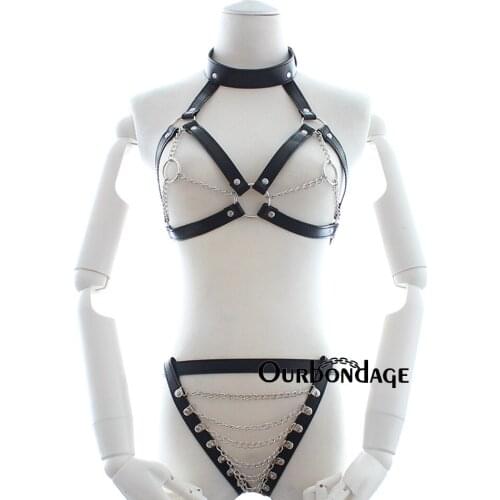 Ourbondage Women PU Leather Harness Belt Sexy Chains Lingerie Fetish Collar with Chains and Chains Strap Pants Suit For Women