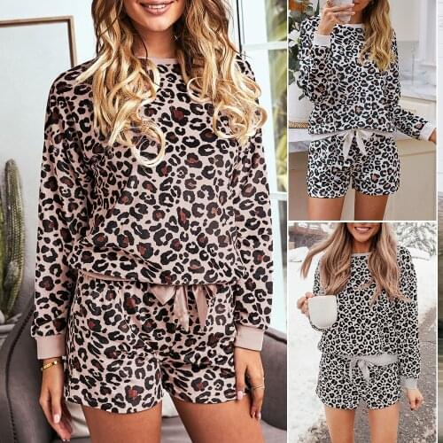 Gray/Pink Leopard Long Sleeve Shorts Pajamas Set Women Casual Elastic Waist Shorts with Bowknot Front Center Two Piece Sets