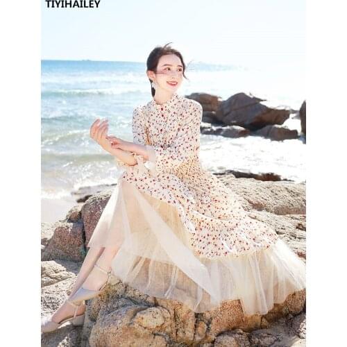 TIYIHAILEY Free Shipping Boshow Autumn Spring High Waist Print Long Maxi Lantern Sleeve S-L Flower Stand Collar Chiffon Dresses