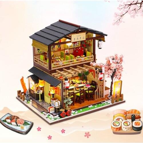 Vintage 3D Dollhouse Model Building Japanese Sushi Restaurant DIY Miniature Kit Birthday Gift Wooden Large Doll House Furniture