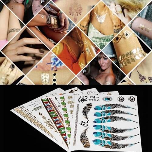 5pcs Temporary Tattoo Stickers Mixed Metallic Flash Golden Silver Colorful Pattern Disposable Tattoos Body Art Stickers Decal