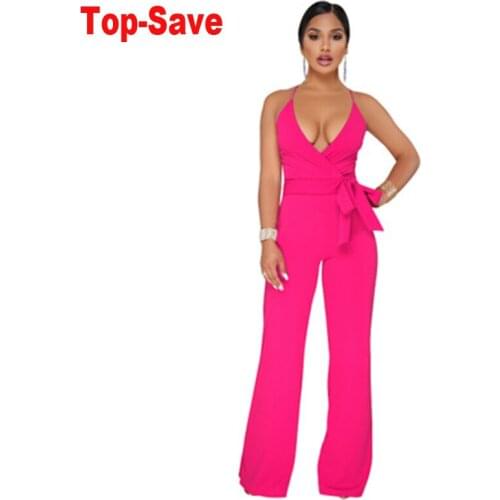 Elegant Backless Jumpsuit Women Summer 2021 New Arrival Classic Solid Sling V-Neck Evening Party Overalls High Waist Clothing