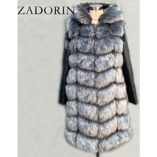 ZADORIN 90CM Winter Fluffy Warm Long Faux Fur Jacket Women Plus Size Leather Removable Sleeve Zipper Faux Fur Coat With Hooded