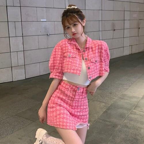 2021 Women Houndstooth Skirt Sets Ladies Denim Jacket Coat Crop Top+Irregular Short Skirt Suits Two Piece Womens Clothing Set