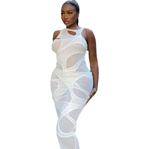 2021 Sleeveless O-Neck Solid Patchwork Mesh Maxi Dress Autumn Winter Women Fashion Sexy Party Club Elegant Clthings