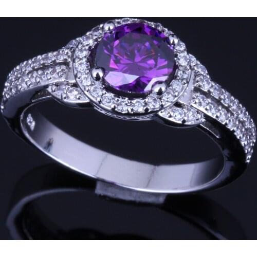 Awesome Round Purple Cubic Zirconia White CZ Silver Plated Ring V0099