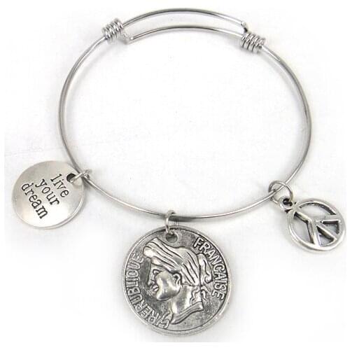 Free shipping new arrival DIY adjustable copper spring bangle with peace,live your dream charm man or women fashion metal bangle