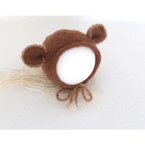 Lovely Teddy Bear Wool Bonnet Newborn Photography Props Handmade Wool Felt Hat Baby Girl Animal Bonnet Hat Photo Props