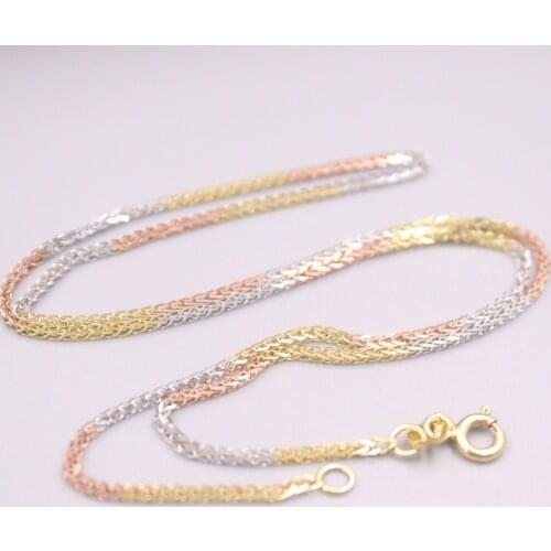 Au750 Real 18K Multi-tone Gold Chain Neckalce For Women Female 1.2mm Color Wheat Link Choker Gold Necklace 16''L Gift