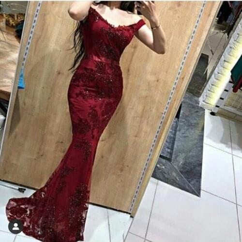 Burgundy Muslim Evening Dresses Mermaid Off The Shoulder Lace Beaded Dubai Saudi Arabic Long Evening Gown