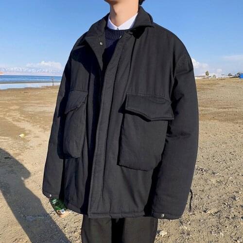 Workwear Jacket Padded Coat Loose Winter Mens Korean Version Trend Oversize Bread Black Coll Clothes Hong Kong Style Big pocket