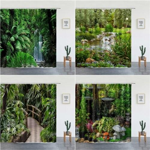Forest Wooden Bridge Landscape Shower Curtains Set Tropical Jungle Pattern Wall Hanging Bathroom Decor Bathtub Screen With Hooks