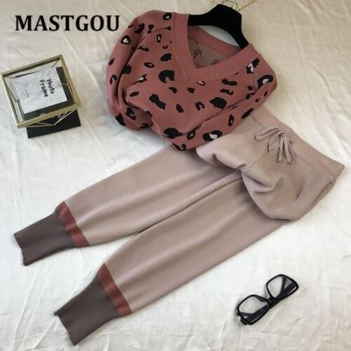 MASTGOU Drawstring Knit Women Harem Pant Suits Leopard Two Piece Sets Womens Outfits Autumn Winter Women Sweaters Jogging Femme