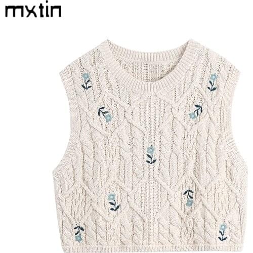 MXTIN 2021 Women Summer Fashion Sweet Embroidery Floral Cropped Knitted Tank Tops Vintage O-Neck Sleeveless Female Casual Tops