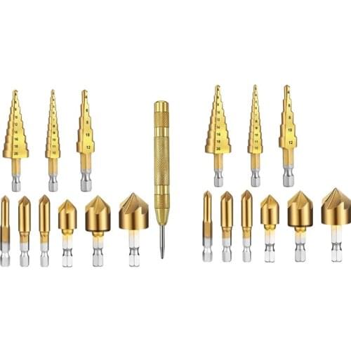 Step Drill Bit Set 1/4 Inch Hex Shank 5 Flute Counter Sink Drill Bit Set With Automatic Spring Loaded Center Punch