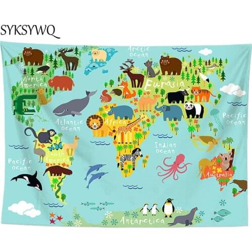 World map tapestry wall hanging animal map wall carpet decoracion hippie wall art polyester fabric wall decor
