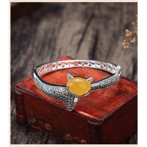 Natural yellow jade bracelet bangles with 925 sterling silver jadeite jade fox bracelets jade jewelry adjust women jade bangle