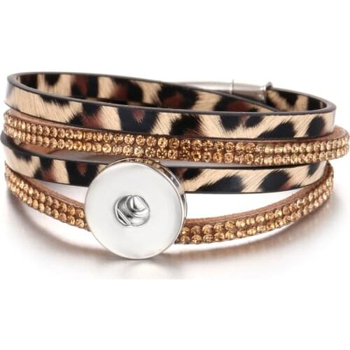 New 18mm Snap Button Jewelry Bracelets Leather Snap Bracelet Wrap Multilayer Bohemian Leopard Leather Bracelet Snaps Jewelry