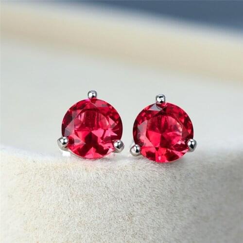 Charm Female 6/7/8mm Red Gemstone Earrings Real 925 Sterling Silver Earrings For Women Simple Round Small Screw Stud Earrings