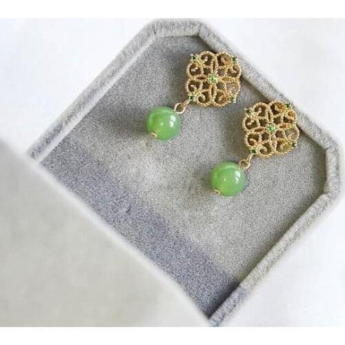 Original design natural Hetian white jade carved hollow Earrings Chinese style retro unique gold craft womens Christmas gift