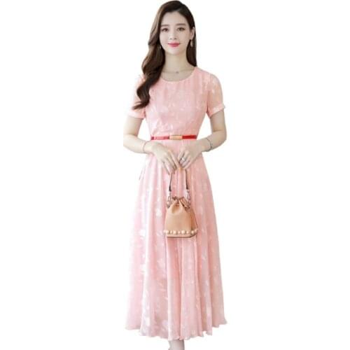 Plus Size M-3XL Summer Printed Dress Short Sleeve Woman Chiffon Long Dress Slim Black Pink Women Clothing Office Party Dress927