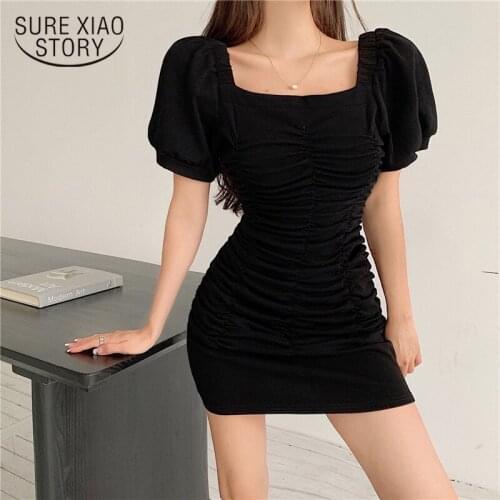 Square Collar Pleated Sexy Dresses 2021 Short Sleeve Summer Mini Dress Yellow Black Party Dress Elastic Clothing Sukienki 14573