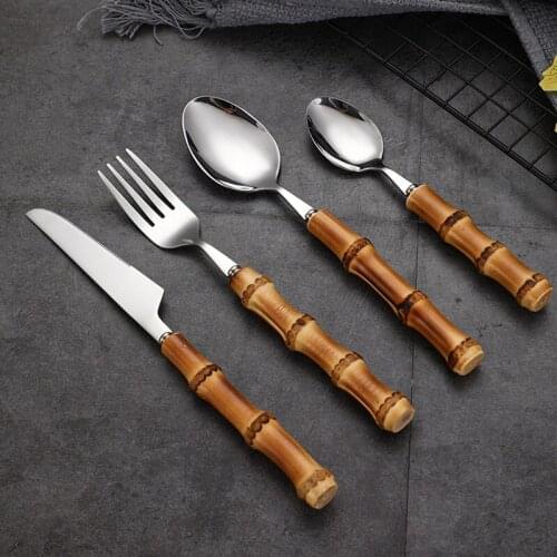Tableware with Bamboo Handle with Steak Knives Cutlery Stainless Steel Flatware Cutlery for Daily Use and Party