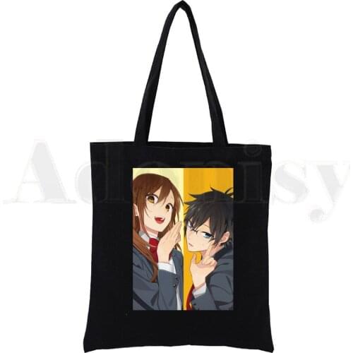 Horimiya Hori San To Miyamura Kun Anime Cartoon Black Canvas Print Shopping Bags Girls Fashion Life Casual Pacakge Hand Bag