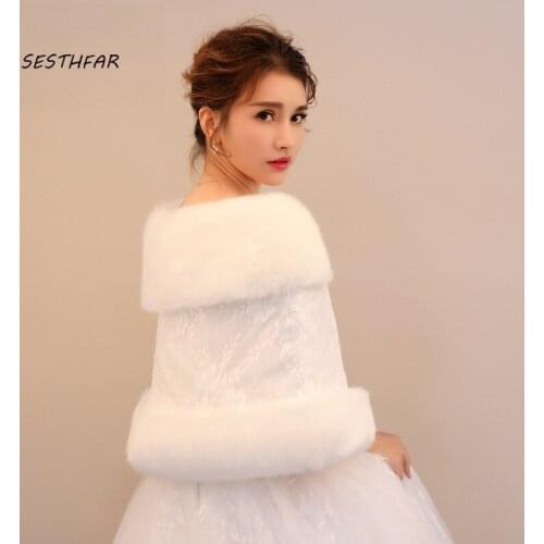 Wedding Shawl Fur Cape Winter Bridal Cloak Women Bolero Jackets For Evening Dress Faux Fur Bride Shawl Wrap PJ039
