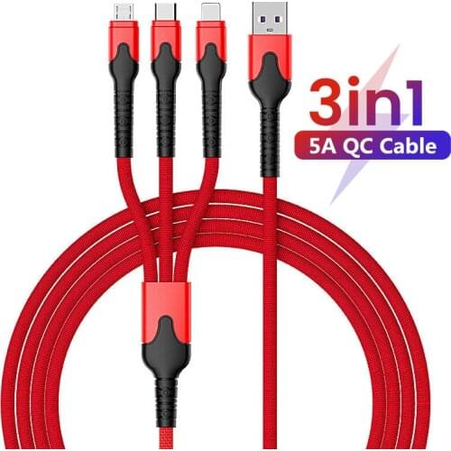5A 3in1 USB Cable for iPhone Fast Charger Cable For Android Phone USB C Charger Cord 40W Quick Charge Wire Type C Data Cable